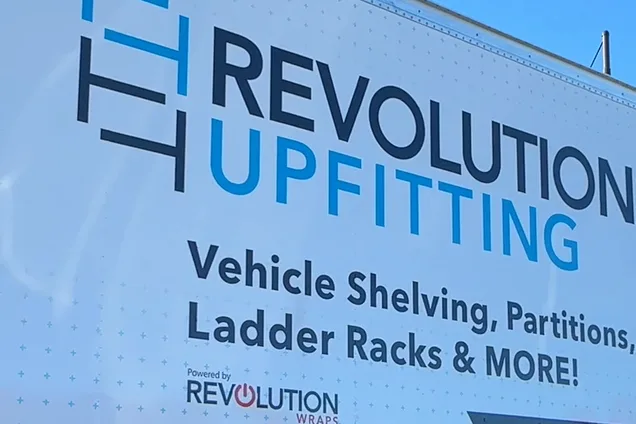 Revolution Upfitting box truck signage advertising vehicle shelving, partitions, and ladder racks