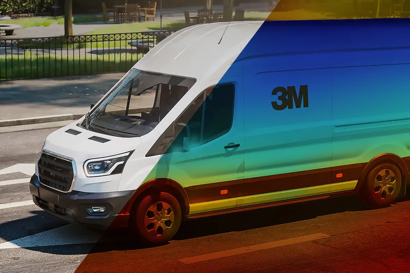 Delivery van shown with a heat-map overlay illustrating how 3M Cooling Film reduces heat inside the vehicle