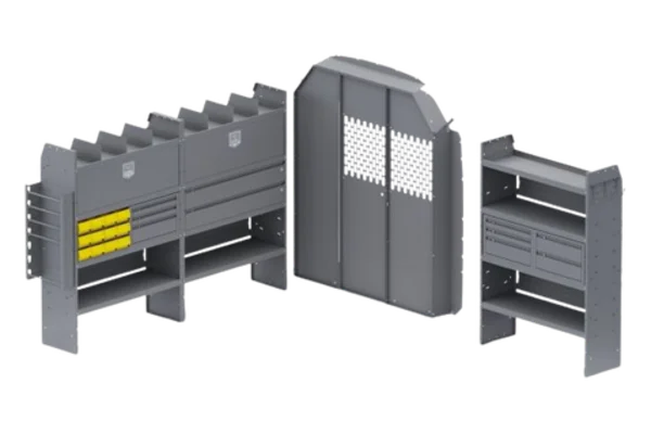 Holman electrical trade package: van shelving with yellow parts bins, a perforated partition, and a second shelving unit