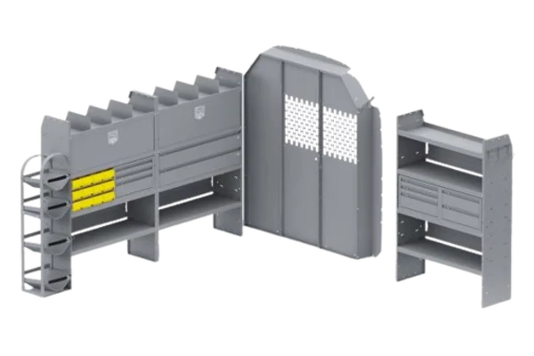 Holman HVAC trade package: shelving with bins and drawers, a refrigerant tank holder, a partition, and a second shelving unit