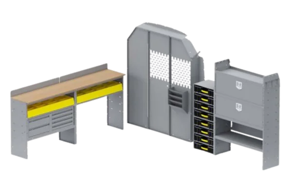 Holman locksmith trade package: a work bench with drawers, a small-parts drawer cabinet, a partition, and a storage cabinet