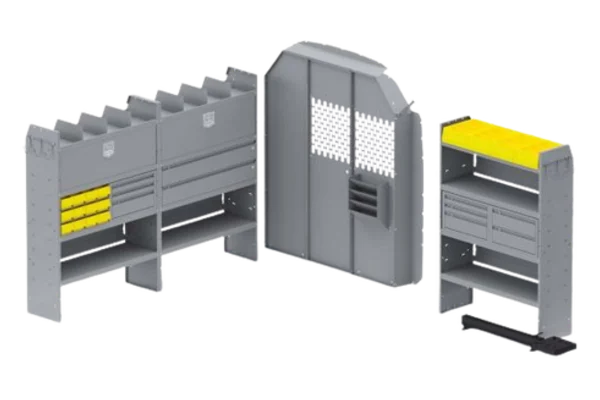 Holman plumber trade package: shelving with parts bins and drawers, a perforated partition, and a shelving unit with a yellow top tray